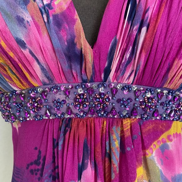 Cache sz 6 Halter 100% Silk backout v neck fit & flare midi cocktail dress - Picture 3 of 9